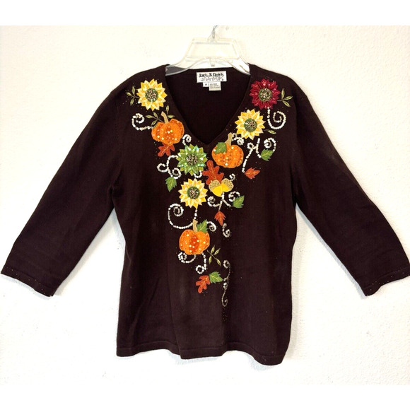 Vintage Jack B. Quick Fall Embroidered Sequin Top Pumpkins Sunflowers‎ Halloween - Picture 1 of 11